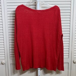 Eileen Fisher Red Ribbed Lightweight Boatneck Linen Sweater Large